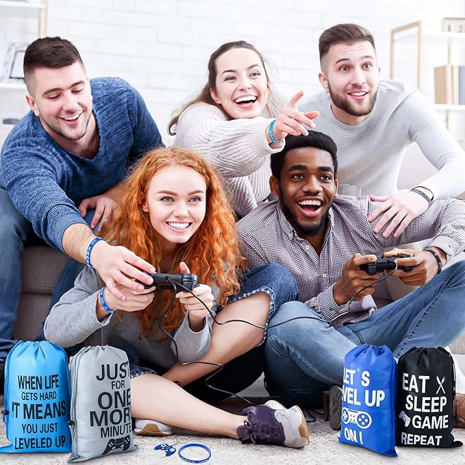 Shappy 36 Pieces Includes Video Game Bracelets Wristbands Gaming Party Bags with Drawstring Game Controller Keychains for Video Game Birthday Party Favors Supplies