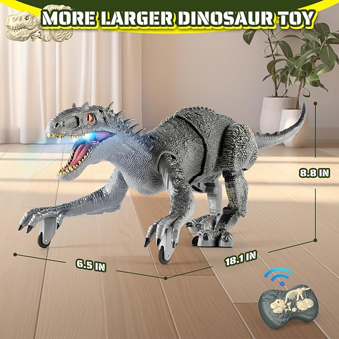 Remote Control Dinosaur, Realistic Dinosaur Toys for Kids 3-5, 2.4GHZ, Walking,Rechargeable, 3D Eyes, 3 Sound Effects, Demo Function, Jurassic Toys for Christmas, Kids 3+,Gray, Large Size