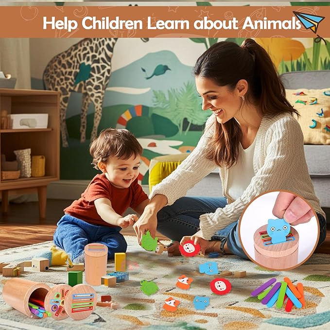 Mity rain Montessori Toys for 1 2 3+ Year Old, 3 in 1 Wooden Color Sorting Toys for Toddlers 1-3, Fine Motor Skills Educational Sensory Toys for Baby Kids