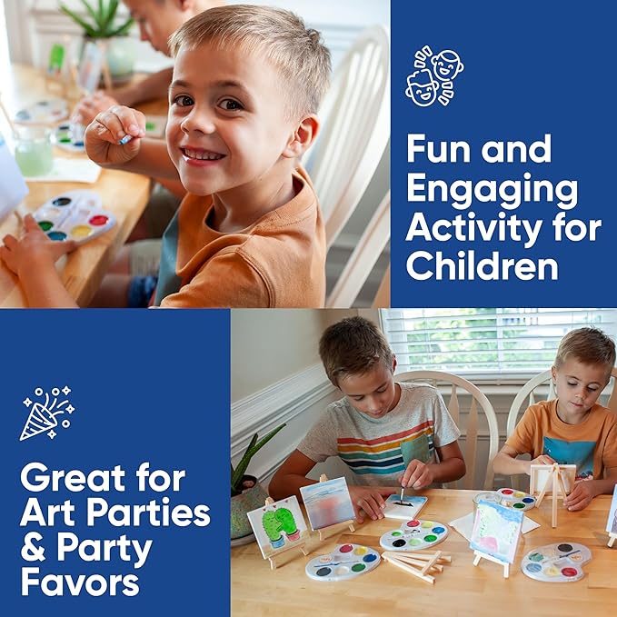 Set of 6 Mini Canvases 4x6 & Easel Set with Watercolors Paint - Party Favors for Kids 3 to 5 - Goody Bag Stuffers - Return Gifts for Kids Birthday - Small Canvases for Painting