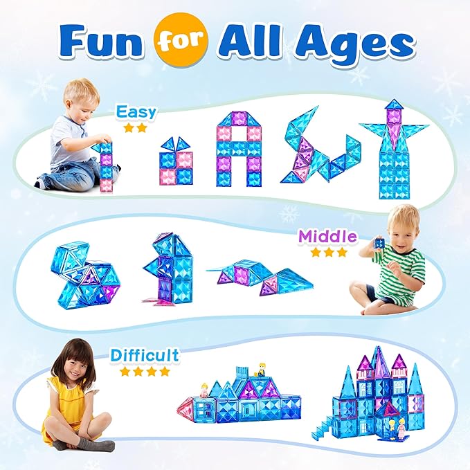 102pcs Frozen Castle Magnetic Tiles - 3D Diamond Building Blocks, STEM Educational Kids Toys for Pretend Play, 3 4 5 6 7 8 Year Old Girl Birthday Gifts for Your Princess and Prince