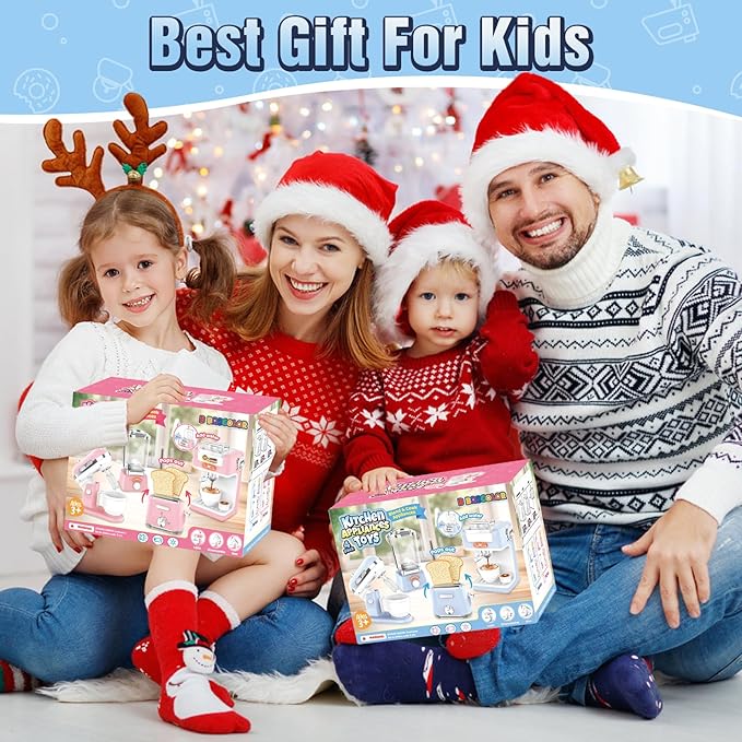 Pretend Play Kitchen Appliances Toy Set with Realistic Coffee Maker Machine, Toaster, Mixer and Blender, Kids Kitchen Playset with Sound & Light for Kids Age 3–5 4-8