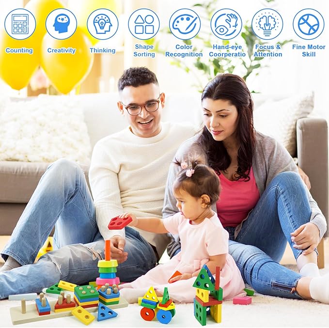 Shape Puzzles Wooden Puzzles for Toddlers 1-3, Color Shape Sorter Stacking Matching Sensory Toys Educational Learning Puzzle Toys for Boys Girls Preschool Birthday, Multicolor