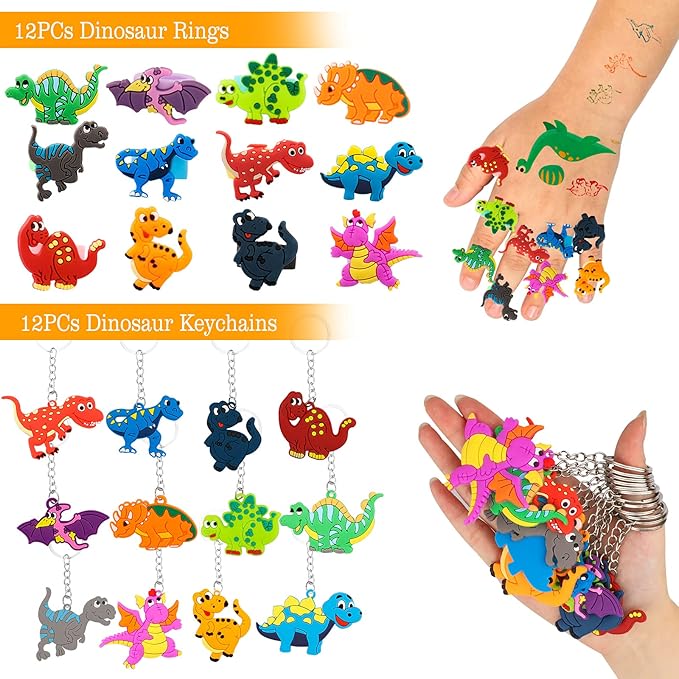 108Pcs Dinosaur Party Favors Dinosaur Stamps Slap Bracelets Keychains Rings Stickers Temporary Tattoos for Kids Birthday Party Supplies, Carnival Prizes, Prize Box Gift, Pinata Goodie Bag Fillers