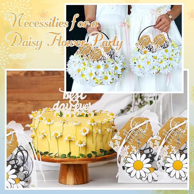 Tuanse 130 Pcs Daisy Party Favors Including Daisy Keychains Adjustable Daisy Bracelets PVC Daisy Stickers Thank You Kraft Tags Organza Bags for Birthday Spring Party Wedding School Reward