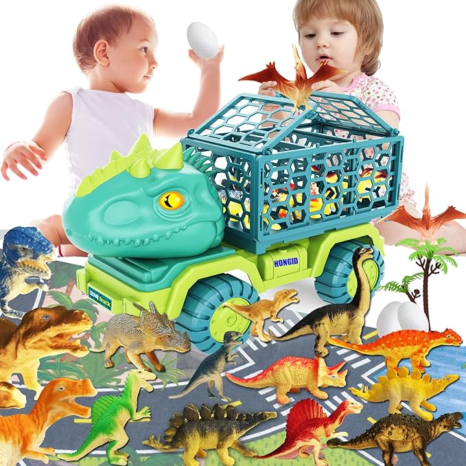 HONGID Dinosaur Truck Toys for Kids 3-5,Tyrannosaurus Car Toy with 15 Dino Figures,Large Activity Play Mat, Dinosaur Eggs, Dinosaur Play Set for Boys and Girls,Christmas Xmax,Stocking Stuffers