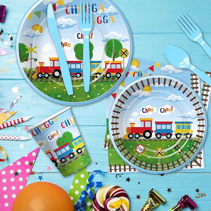 Train Birthday Plates And Napkins Party Supplies Dinnerware, Train Birthday Decorations, Plate, Cup, Napkin, Fork, Train Theme Chugga Choo Party Supplies For 1st 2nd 3rd Birthday | 24 Guests