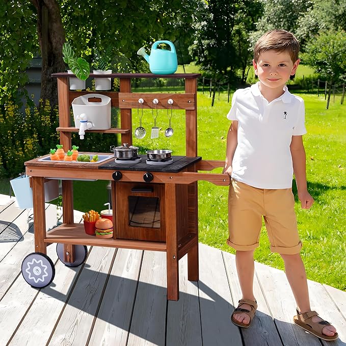ROBOTIME Mud Kitchen for Kids Outdoor, Wooden Kids Kitchen Playset with Wheels, Outdoor Play Kitchen with Accessories, Fun Backyard Pretend Outdoor Toy Kitchen for Boys Girls Ages 3+