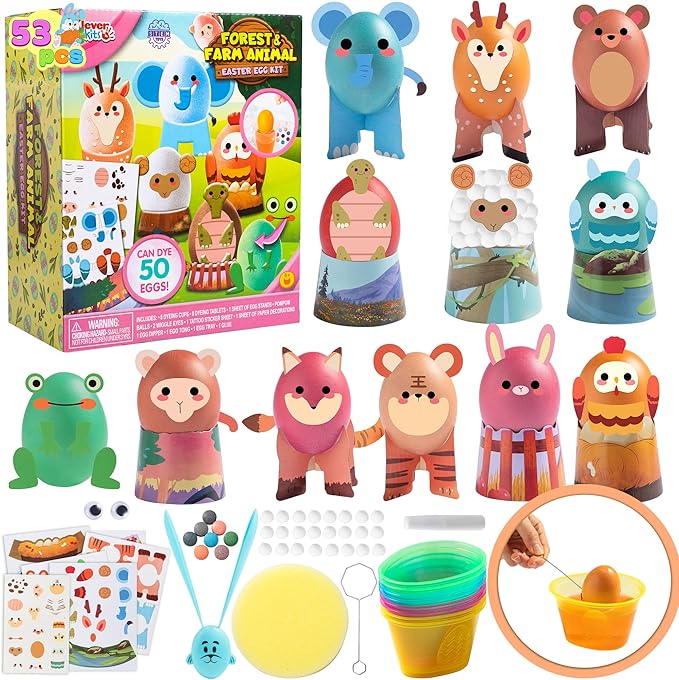 Klever Kits 53Pcs Easter Egg Decorating Kit, Easter Egg Dye Kit with Animal Decorated Papercuts, Face Stickers for Kids Easter Party Favor, Creativity Activity, Egg Hunt, Easter Party Decorations