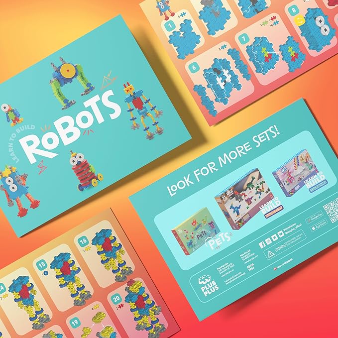 Plus Plus Learn to Build Set, 275 Mini Interlocking Building Blocks, Toy Construction Playset, 3D Puzzle Stem & Art Kit - Robots