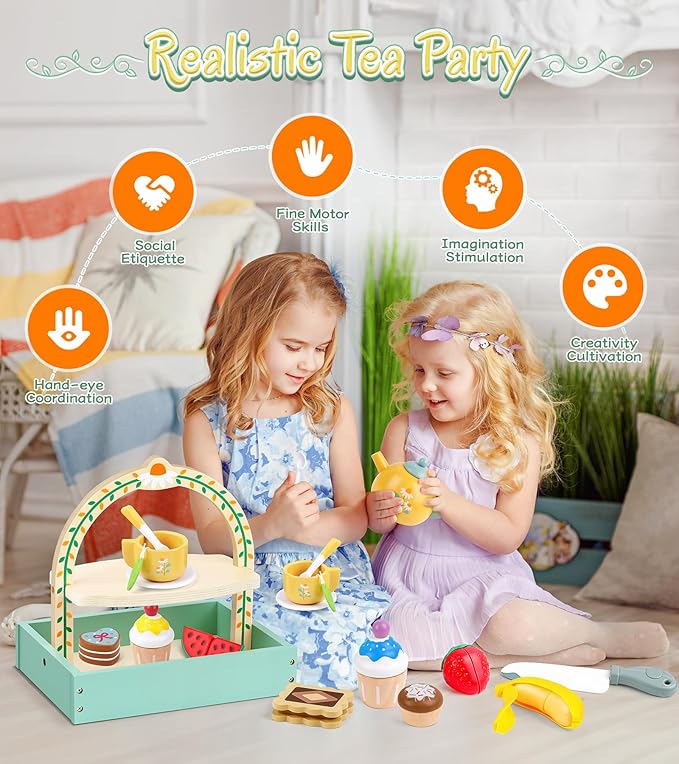 Wooden Tea Set for Toddlers Girls, Tea Party Set Food Pretend Play Kitchen Playset for 3 4 5 6 Years Little Girls, Jeowoqao Portable Princess Tea Party Toys Gifts with Cutting Fruit