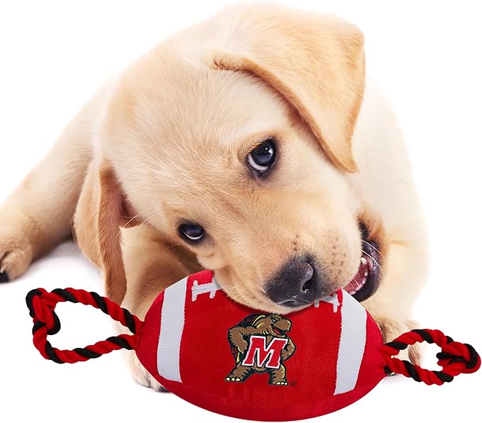 Pets First Maryland Football Dog Toy, Tough Quality Nylon Materials, Strong Pull Ropes, Inner Squeaker, Collegiate Team Color