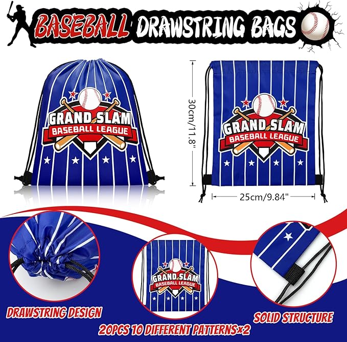 110 Pcs Baseball Party Favors Drawstring Bags with Keychains Silicone Bracelets Stickers Baseball Goodie Bags Gift Bags for Sports Birthday Party Supplies Baseball Themed