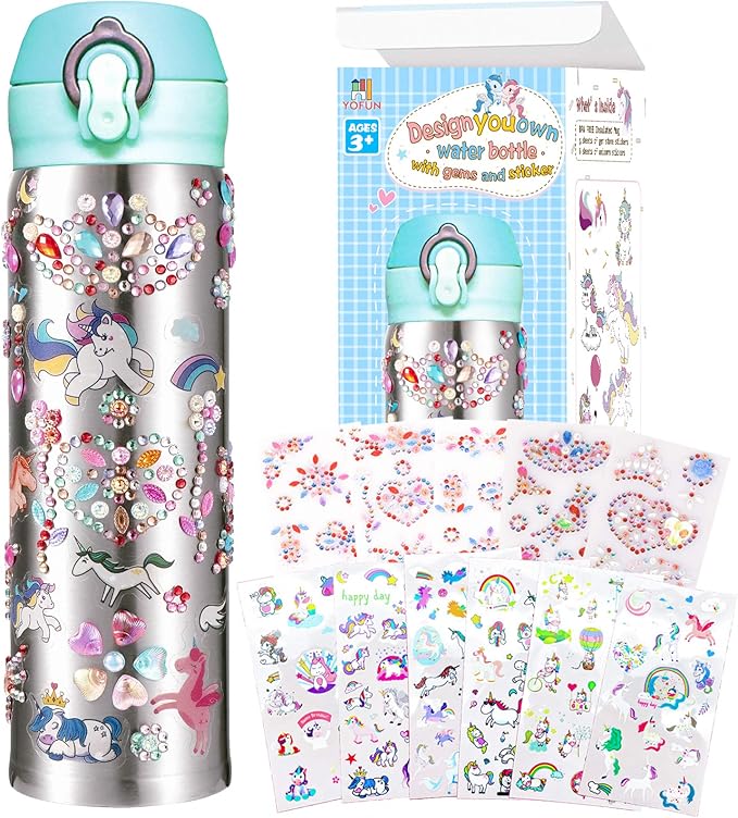 Y YOFUN Create Your Water Bottle with Tons of Rhinestone Gem Stickers - Craft Kit & DIY Art Set for Children, Gift for Girls - 17 OZ BPA Free Stainless Steel Vacuum Insulated Mug (Gemstone & Unicorn)