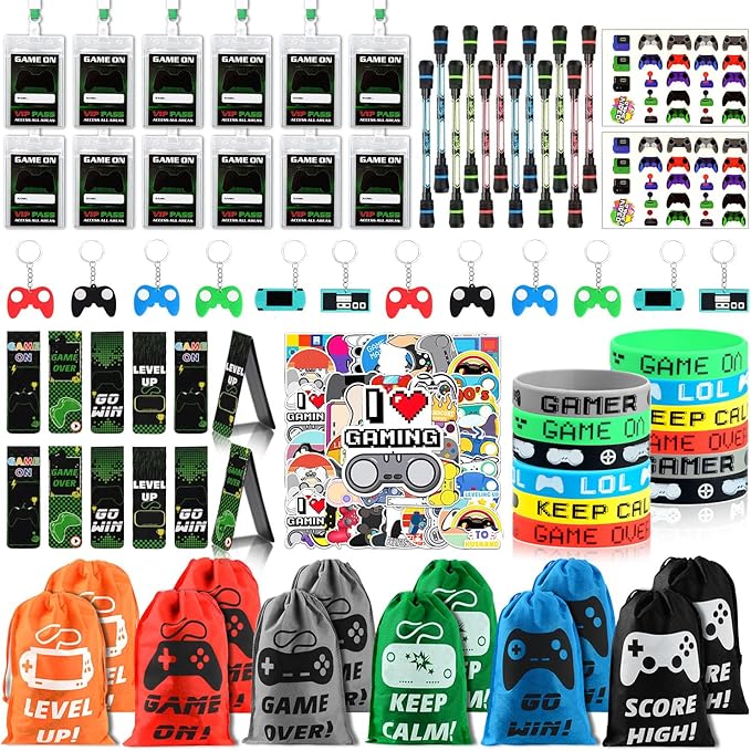 KISPATTI Video Game Party Favors, 124 PCS Gaming Birthday Party Supplies with Drawstring Bags VIP Pass Tickets Keychain Temporary Tattoo Stickers Game Theme Goodie Bag for Kids Gamer