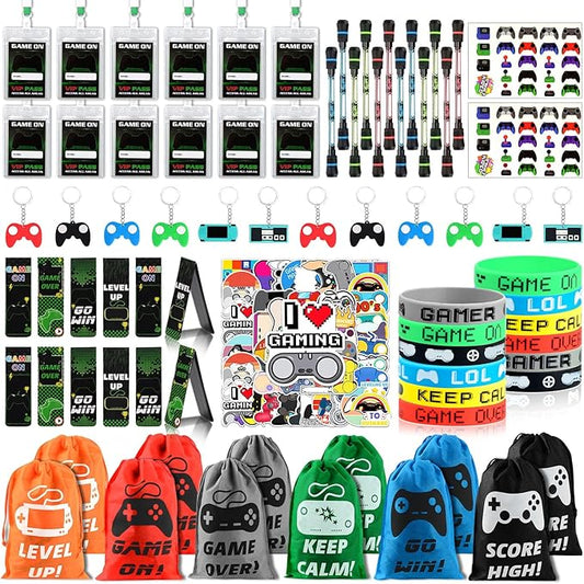 KISPATTI Video Game Party Favors, 124 PCS Gaming Birthday Party Supplies with Drawstring Bags VIP Pass Tickets Keychain Temporary Tattoo Stickers Game Theme Goodie Bag for Kids Gamer