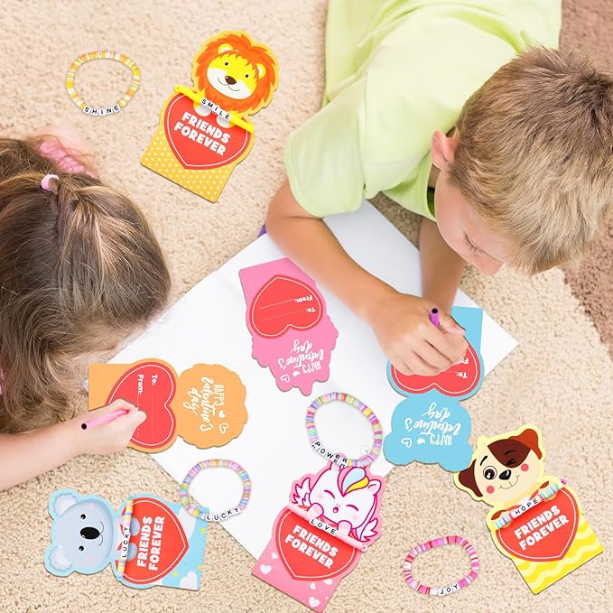 MOVINPE Valentines Day Cards for Girls Classroom Bulk, 24 Pack Friendship Bead Bracelets with Valentines Day Gift Cards, Classroom Prizes, Exchange Gift, Valentine’s Day Cards for Kids School
