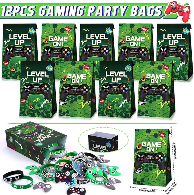 110Pcs Video Game Party Favors Birthday Supplies for Boys, Bag Invitation Card Silicone Bracelet Keychain Luminous Tattoo Stickers Kids Gifts Game On Goodie Bag Stuffers Gaming Gamer Party Favors