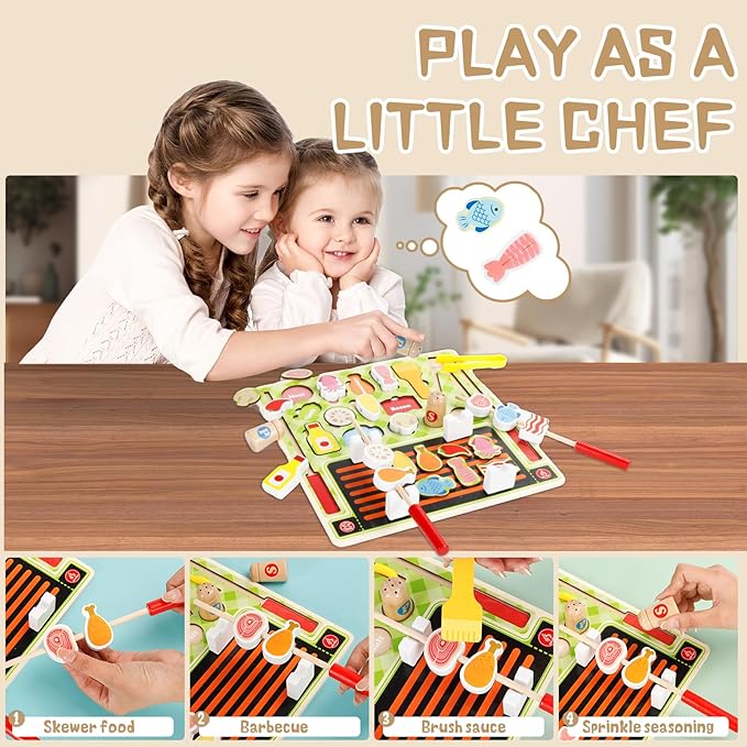 Wooden Toddler BBQ Toy Set Simulates Cooking, Grilling, Food Shape Matching Game Toddler Grill Toy for Boys and Girls 3, 4, 5, 6 Years Old, Gift for Kids