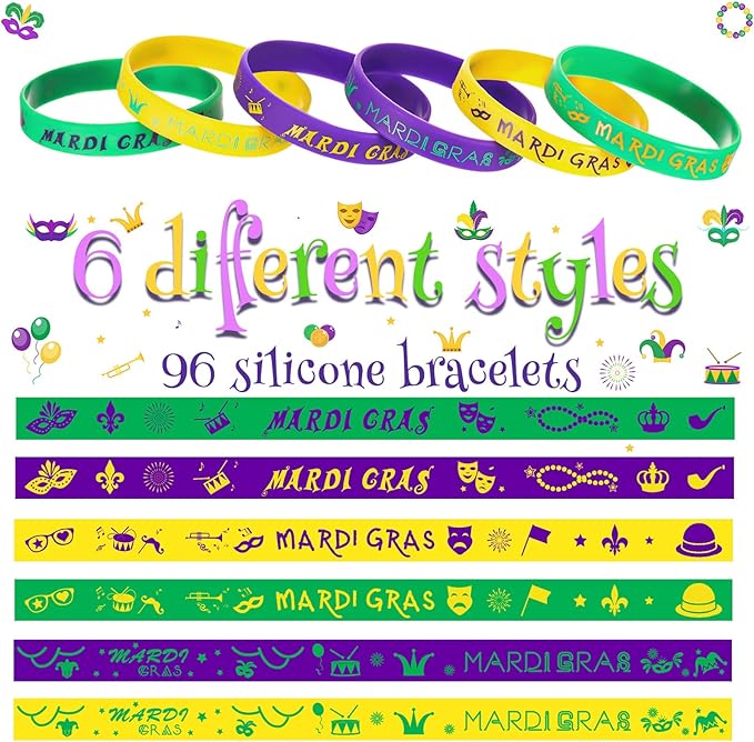 Yinkin 96 Pcs Mardi Gras Party Favors Rubber Bracelets Silicone Mardi Gras Bracelet Mardi Gras Accessories Bulk Stretchable Silicone Wristbands for Carnival Birthday Party Supply Decor Baby Shower