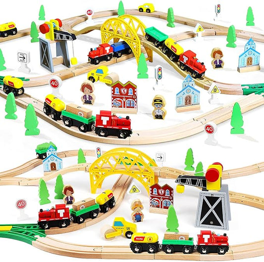 TOY Life Train Set 60pcs Wooden Train Set with Crane, Wooden Train Tracks Toy Train Set for Toddlers 3 4 5, Wooden Toys Toddler Train Set Gift for Kids 4-8, Fits Thomas Brio Melisa Train Track Set