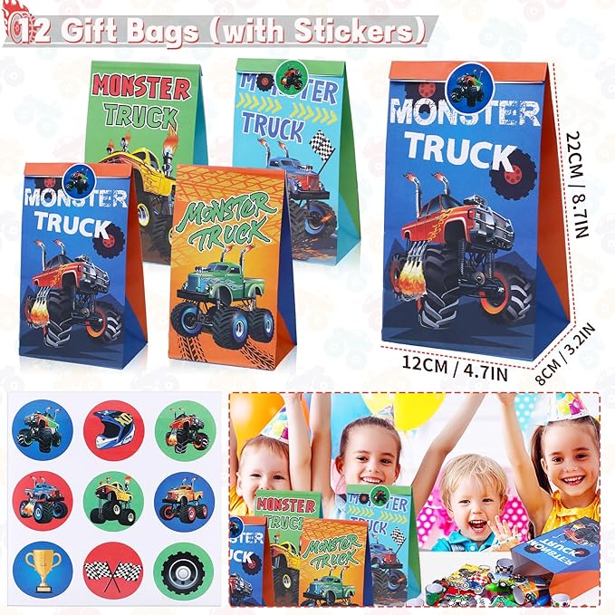Winrayk Monster Truck Party Favors Kids Birthday Supplies, Invisible Ink Pen Notebook Straw Gift Bag DIY Sticker Keychain Slap Bracelet, Pinata Filler Goody Stuffer Game Boys Monster Truck Party Decor