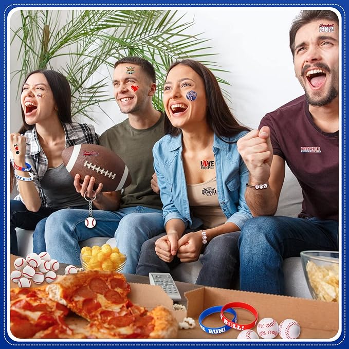 Aoriher Baseball Sport Party Favors for Kids, 15 Sets Sport Goodie Silicone Sport Bracelets Mini Stress Ball Keychain Temporary Tattoo Sticker Eraser for Sport Birthday Party Supplies Total 85 Pcs