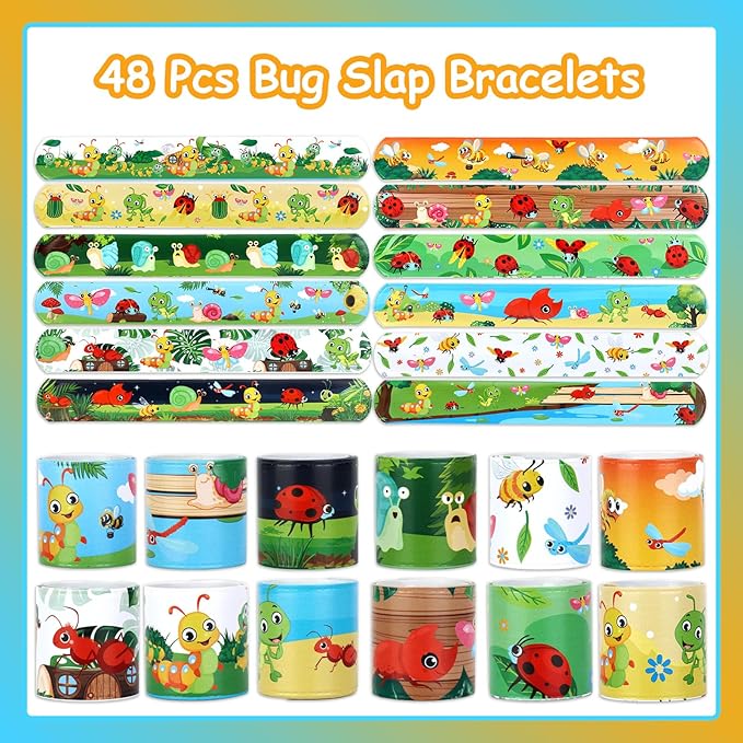 Serencatcher 48Pcs Bug Slap Bracelets, Bug Insect Party Favors Wristbands Bracelets with Ladybug Caterpillar Butterflies Snails Snap for Wild Insect Animal Birthday Party Decorations