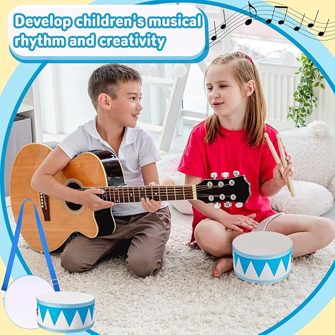 Kids Drum Set 7.87 in Wooden Toy Drum with Adjustable Strap 2 Drumsticks Educational Sensory Musical Instrument Set for Toddlers Kids Baby Toy Gift(Blue Triangle Style)