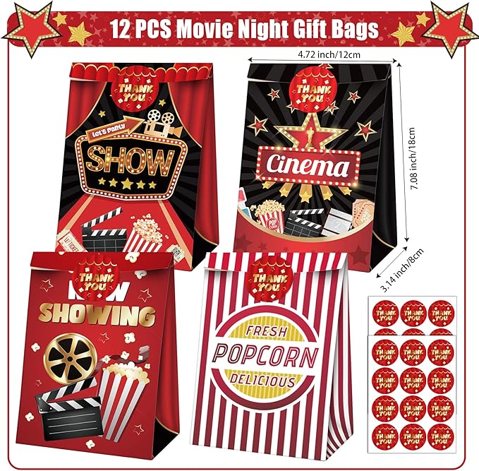 Movie Night Party Favors 72 PCS Movie Theater Slap Bracelets Temporary Tattoos DIY Stickers Keychains Plastic Straws Gift Bags for Kids Movie Night Carzy Birthday Party Gift Baby Shower Goodie Bag Fillers Movie Party Supplies