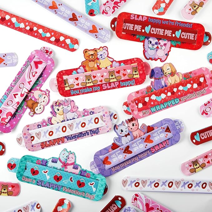 JOYIN 28 Valentine's Day Gifts Cards with Slap Bracelet, Animal Heart Snap Bracelet Wristband for Kids,Valentine's Party Favors, Valentine Classroom Exchange, Game Prizes