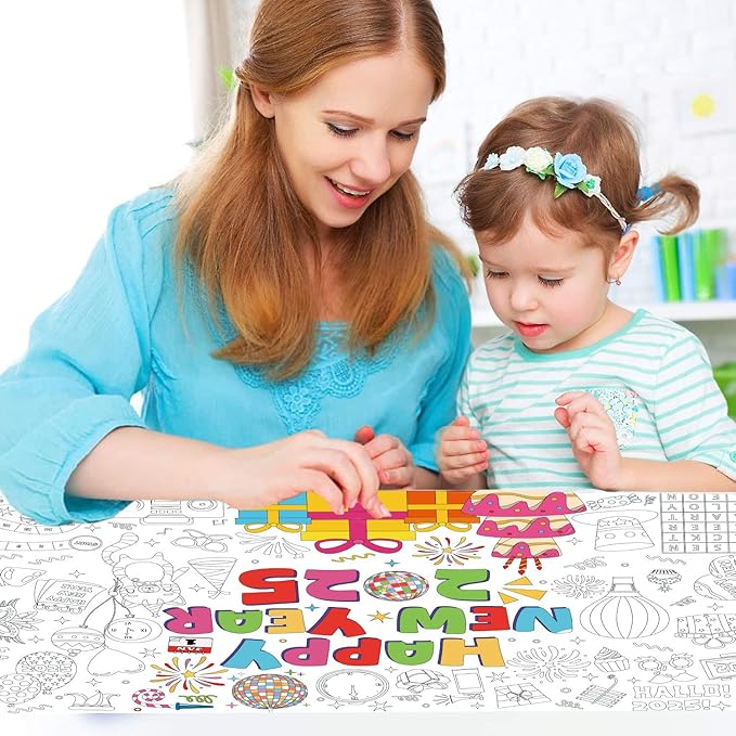 YQUQWN Giant Happy New Year 2025 Coloring Poster - 35.5×72 Inch Disco Ball Poster Tablecloth - Happy New Years Eve Crafts Party Favors - 2025 New Year Kids Activities Party Decoration Supplies