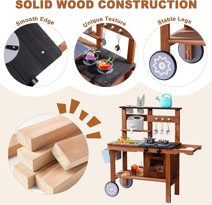 ROBOTIME Mud Kitchen for Kids Outdoor, Wooden Kids Kitchen Playset with Wheels, Outdoor Play Kitchen with Accessories, Fun Backyard Pretend Outdoor Toy Kitchen for Boys Girls Ages 3+