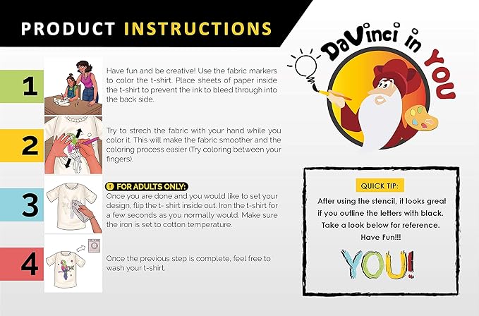 Coloring Shirt for Girls - Kit with 10 Fabric Markers and Alphabet Stencil (Mermaid, 8/9)