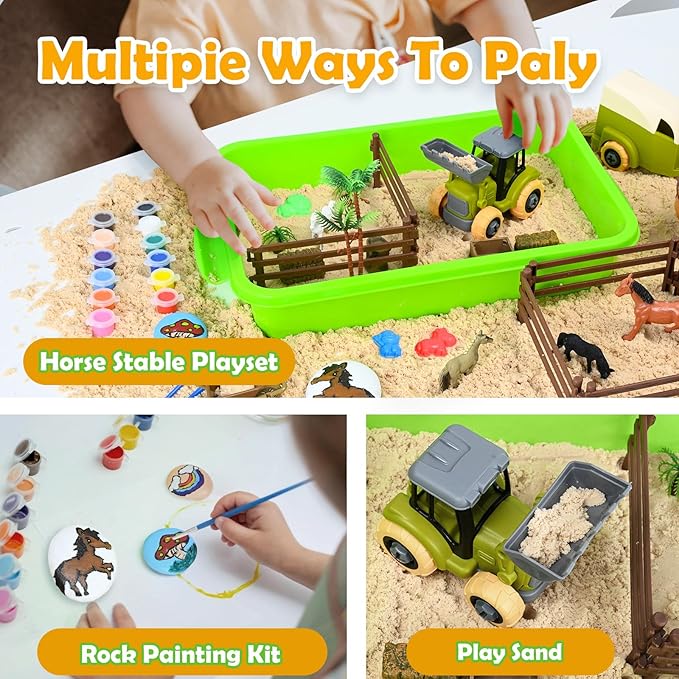 Sensory Bin - Horse Stable Playset Play Sand for Kids,Sandbox with Cover, 1.7 LB Magnetic Sand,Tractor and Stable, Rider and Horse,Rock Painting Kit,Sensory Toys for Autism 3 4 5 6 7 8 Year and Up