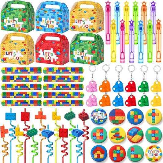 Building Blocks Party Favors Birthday Supplies for Kids, Gift Box Straw Mini Bubble Wand Button Pin Slap Bracelet Keychain, Goody Bag Stuffer Filler Girls Boys Game Carnival Classroom Prize Decor
