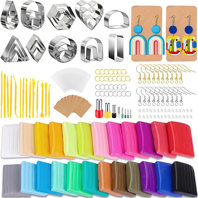 Polymer Clay Earring Making Kit with Gift Box, Including 32pcs Polymer Clay Cutters, 24pcs Oven Bake Clay, 30 Set Earring Rings&Hooks, Jewelry Making Kit for Teen Girls