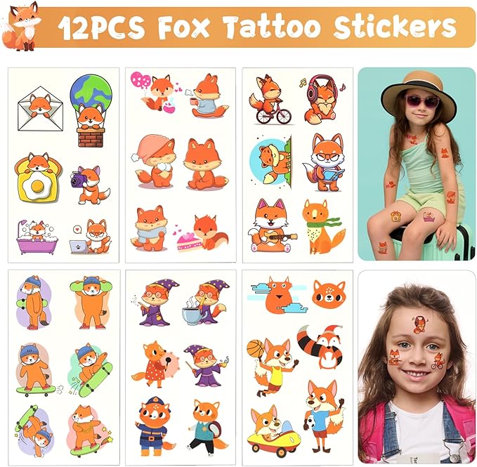 110Pcs Fox Birthday Decorations Fox Party Favors with Slap Bracelets Keychain Temporary Tattoo Stickers Badges Gift Bags for Kids Woodland Baby Shower Jungle Safari Party Supplies