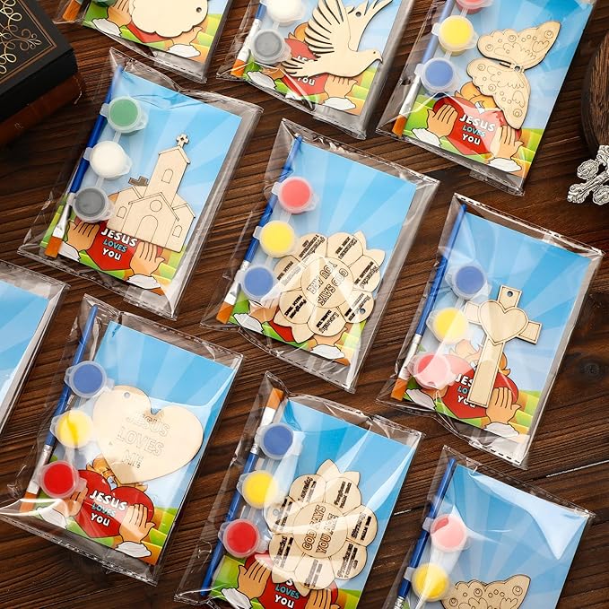 Saypacck 240pcs/24sets Jesus Wood God Says You are Sunflower Craft Kit Christian Wooden Painting DIY Kits for Sunday Vbs Religious for Church Home Activities