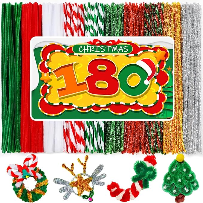 180pcs Christmas Pipe Cleaners, Pipe Cleaners for Crafts, Craft Supplies Multicolor Chenille Stems for Art&Craft Christmas DIY Projects(10colors,Christmas)