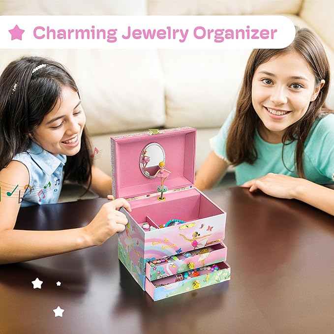 Jewelkeeper Jewelry Box for Girls - Spinning Ballerina Doll to Swan Lake Tune Music Box - Pink Jewelry Box for Girls with 2 Drawers - Ideal for Storing Necklaces and Bracelets - 7Lx5Hx6W Inches