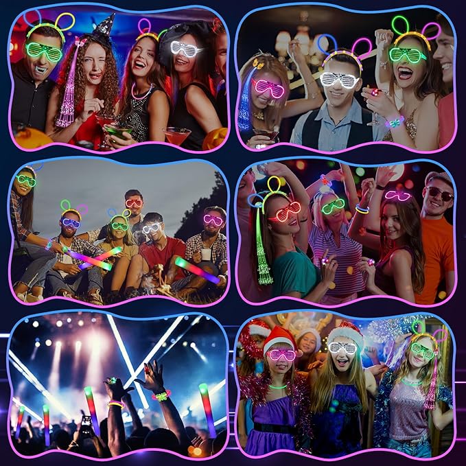 170PCS Glow in the Dark Party Supplies, 16PCS LED Foam Sticks, 16PCS LED Glasses and 100PCS Glow Sticks Necklaces Bracelets Headband, Light Up Party Favors for Kids Adults, Wedding, Concert, Birthday