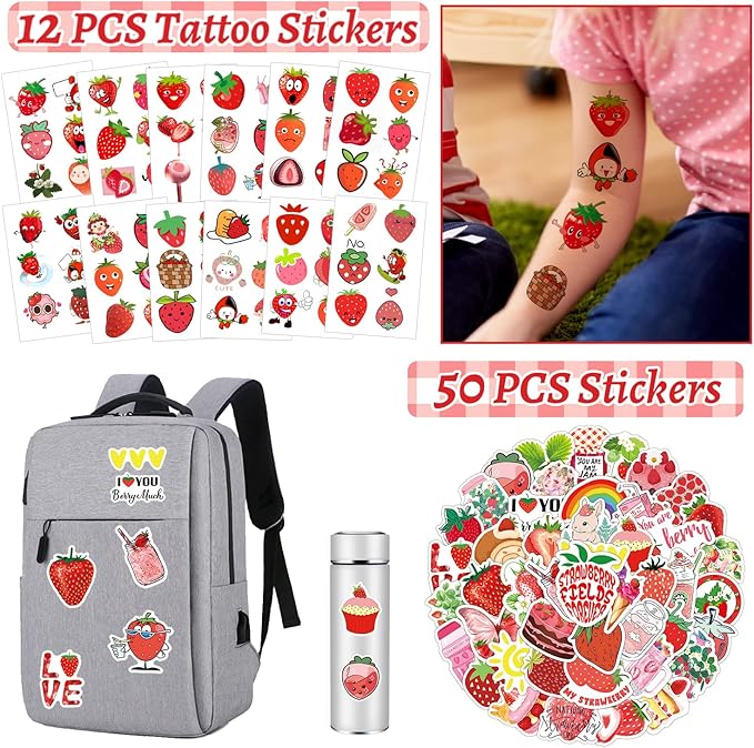 Strawberry Party Favors 110PCS Strawberry Theme Slap Bracelets Stickers Key Chains Badge Gift Bags Temporary Tattoos for Kids Baby Shower Berry First Birthday Party Supplies Decorations