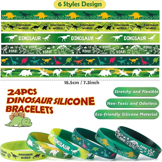 Tacobear 48Pcs Dinosaur Slap Bracelets Rubber Wristbands for Kids Boys Girls Birthday Party Favors Supplies Classroom Prize Gifts Dinosaur Goodie Bag Fillers