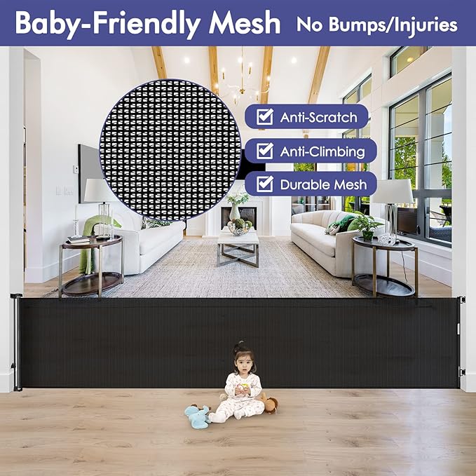 145 Inch Extra Wide Baby Gate for Extra Wide Openings Retractable Baby Gates for Doorways Outdoor Pet Gates for Dogs Indoor Large Baby Gate Retractable Gate Adjustable Large Dog Gate for Stairs, Black