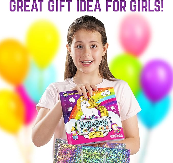GirlZone Unicorn Coloring Book for Kids Ages 4+, Arts and Crafts Unicorn Coloring Books with 102 Fun Designs Like Fairies and Sea Animals for Teen Girls