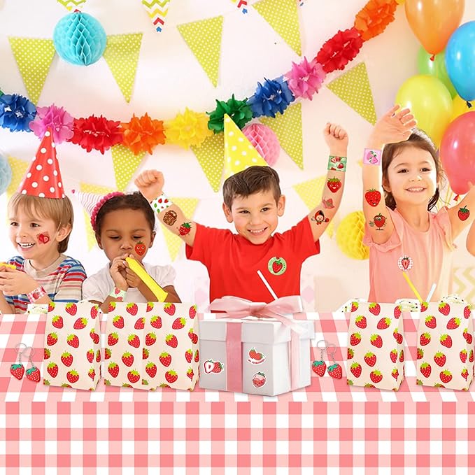 Strawberry Party Favors 110PCS Strawberry Theme Slap Bracelets Stickers Key Chains Badge Gift Bags Temporary Tattoos for Kids Baby Shower Berry First Birthday Party Supplies Decorations