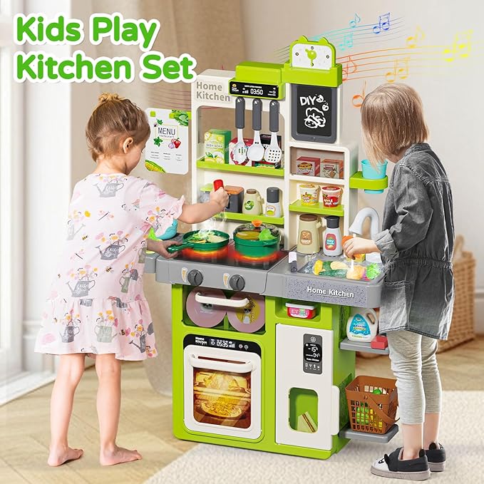 Letapapa Kids Pretend Play Kitchen Set, Kitchen Toys with Realistic Sound & Light, Cooking Stove, Sink, Play Food and Kitchen Accessories, Pretend Kitchen Playset Gifts for Toddlers Girls Boys