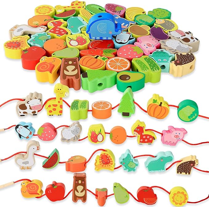 BMTOYS Montessori Educational Threading Toys Wooden Stringing Farm Animals Fruits Lacing Beads Preschool Toy for Toddler 3 4 5 Year Old Boys Girls