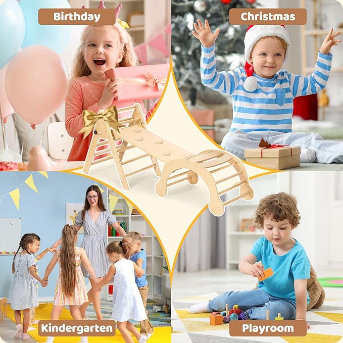 YOLEO 7-in-1 Pikler Triangle Set, Large Wooden Climbing Toys for Toddlers 1-3 Inside, Montessori Fun Toddler Climbing Toys Indoor Playground and Jungle Gyms Playset,Easy-Fold Pikler Triangle (Natural)